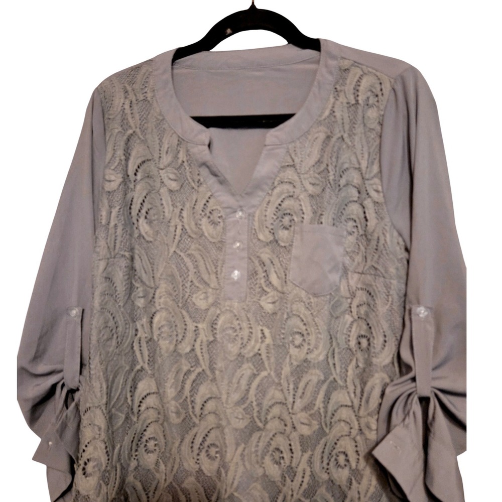 Lace Front Blouse Womens Size Large Lavender Grey Modest Back Button Detail